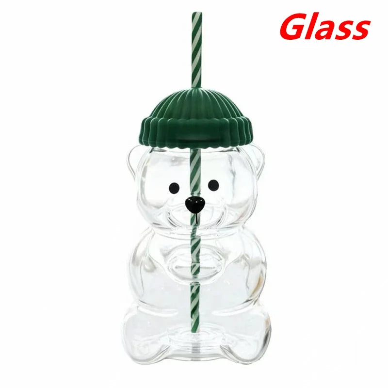 2026 New On Sale Bear Shape Plastic Or Glass Cup With Straw Coffee Mug Cute Cartoon Creative Glass Juice Cup Tea Cup Drinkware