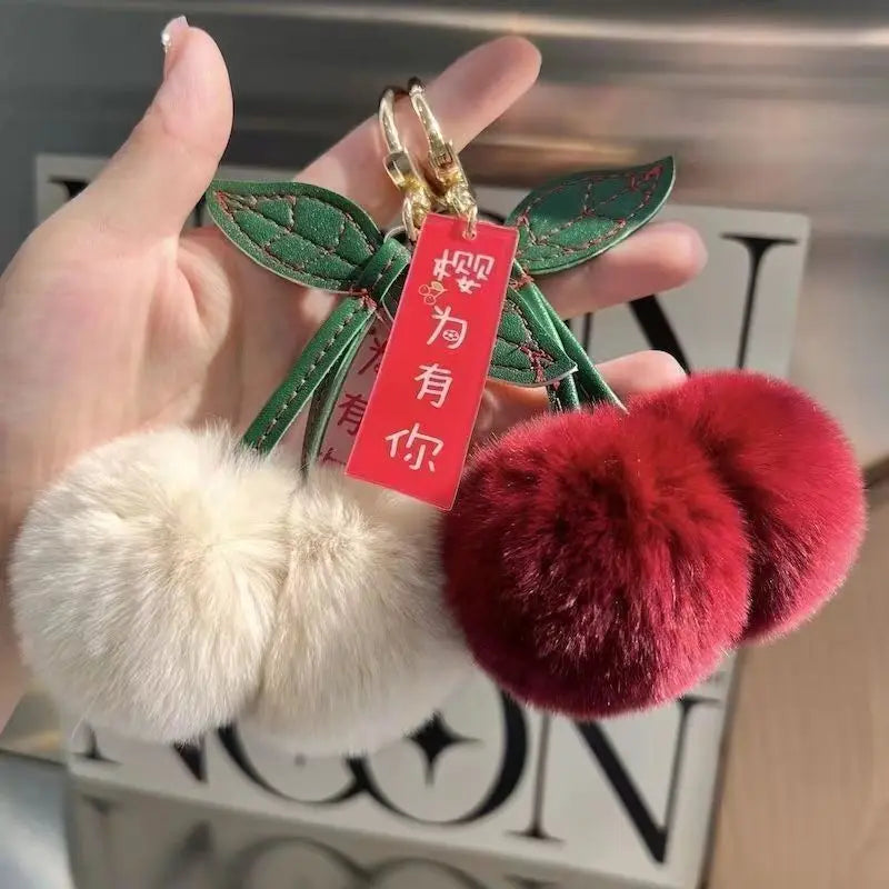 Cute Soft Fluffy Red Rabbit Fur Ball Pompom Leaf Keychain Cherry Key Chain Bag Key Car KeyChains Dec Pendant Gift