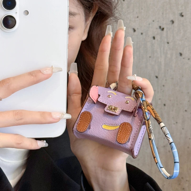 Handmade Mini PU Leather Handbag Decoration Pendant Headphone Case with lanyard