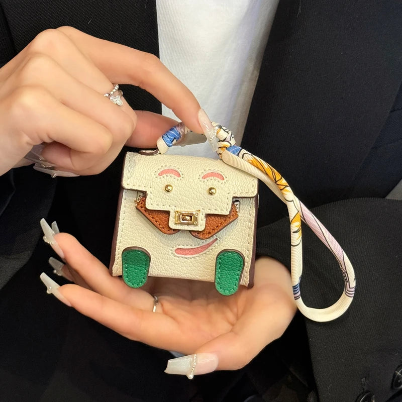 Handmade Mini PU Leather Handbag Decoration Pendant Headphone Case with lanyard