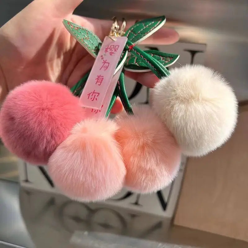 Cute Soft Fluffy Red Rabbit Fur Ball Pompom Leaf Keychain Cherry Key Chain Bag Key Car KeyChains Dec Pendant Gift