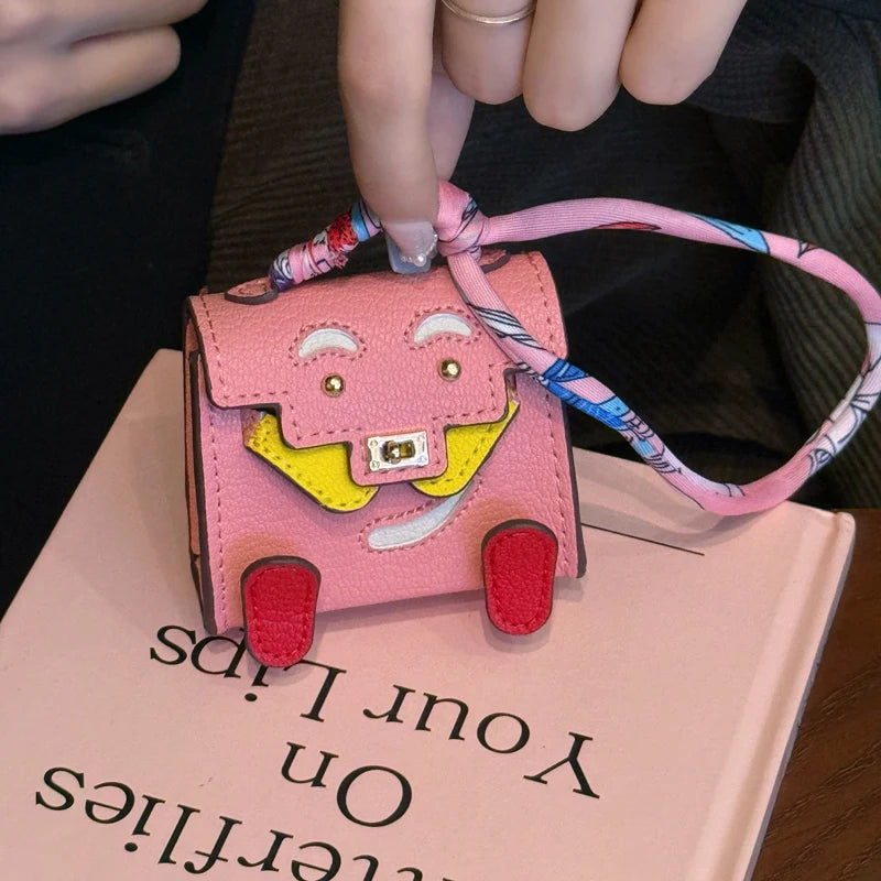 Handmade Mini PU Leather Handbag Decoration Pendant Headphone Case with lanyard