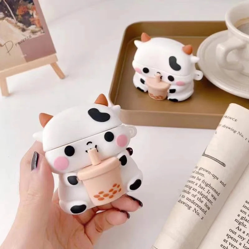 Milk Tea Cow Design 3D Silicone Airpods Protector Case
