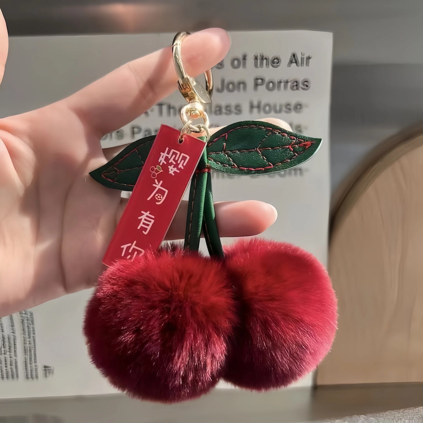 Cute Soft Fluffy Red Rabbit Fur Ball Pompom Leaf Keychain Cherry Key Chain Bag Key Car KeyChains Dec Pendant Gift