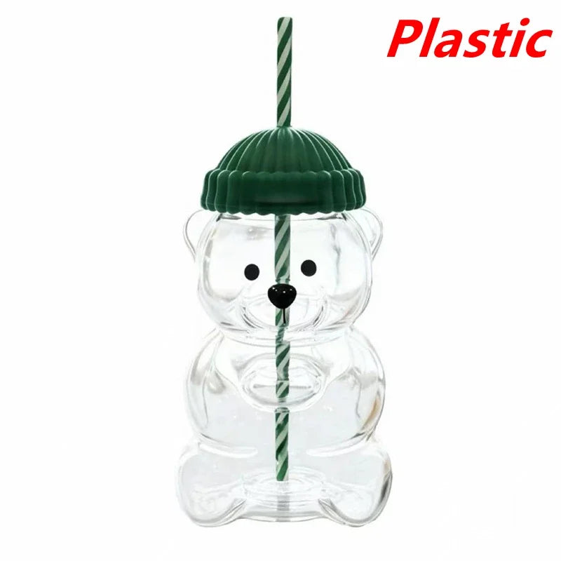 2026 New On Sale Bear Shape Plastic Or Glass Cup With Straw Coffee Mug Cute Cartoon Creative Glass Juice Cup Tea Cup Drinkware