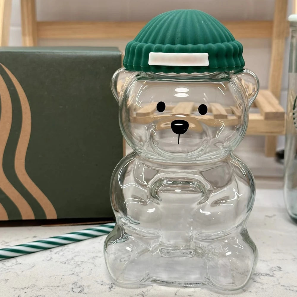 2025 New 500ML Cartoon Bear Shaped Coffee Mug Cute Bear Mug Glass Cup With Straw Transparent Creative Milk Coffee Water Cups