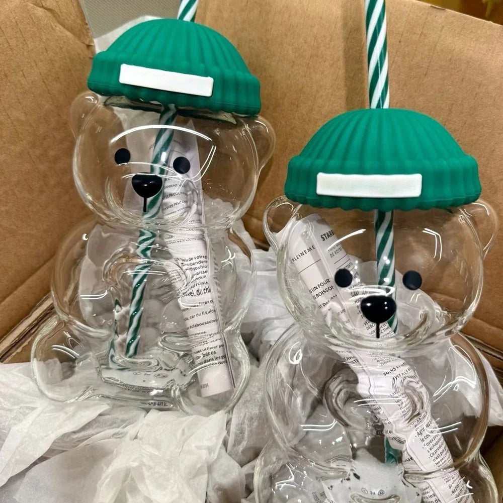 2025 New 500ML Cartoon Bear Shaped Coffee Mug Cute Bear Mug Glass Cup With Straw Transparent Creative Milk Coffee Water Cups