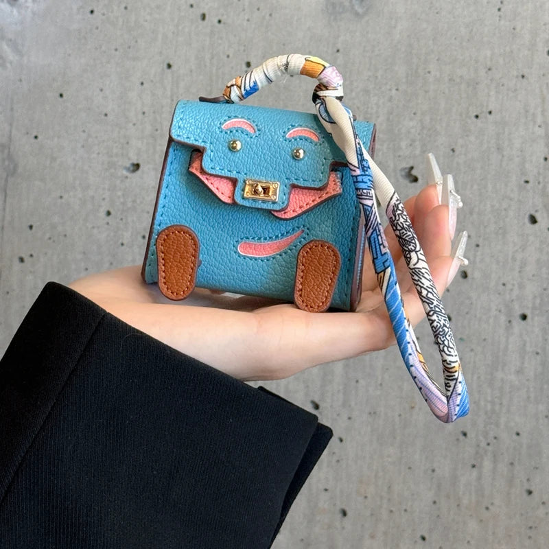 Handmade Mini PU Leather Handbag Decoration Pendant Headphone Case with lanyard