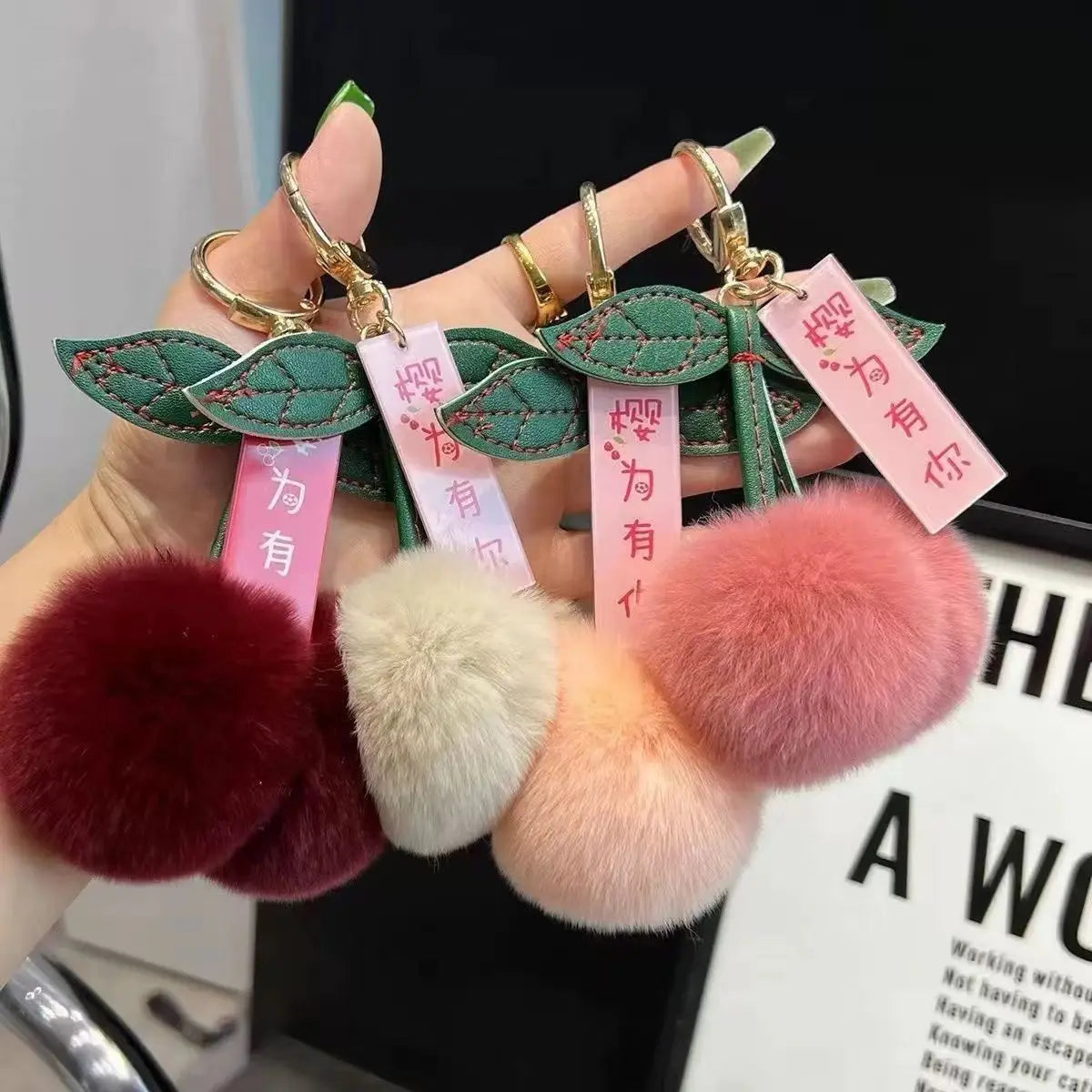 Cute Soft Fluffy Red Rabbit Fur Ball Pompom Leaf Keychain Cherry Key Chain Bag Key Car KeyChains Dec Pendant Gift