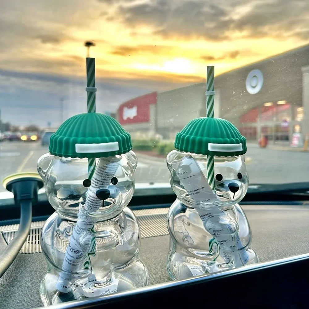 2025 New 500ML Cartoon Bear Shaped Coffee Mug Cute Bear Mug Glass Cup With Straw Transparent Creative Milk Coffee Water Cups