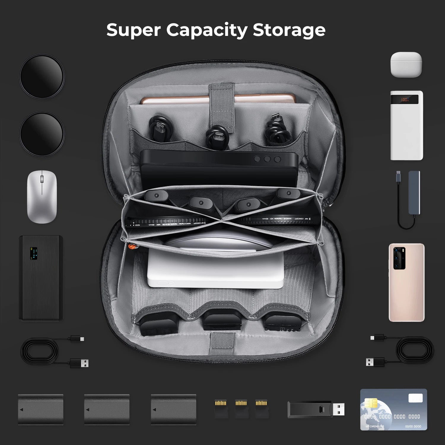 K&F Concept Digital Storage Bag Large Capacity 4L Portable Pouch Case Organizer for Camera Accessories Charger Cable Hub Adapter