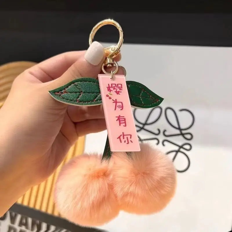 Cute Soft Fluffy Red Rabbit Fur Ball Pompom Leaf Keychain Cherry Key Chain Bag Key Car KeyChains Dec Pendant Gift
